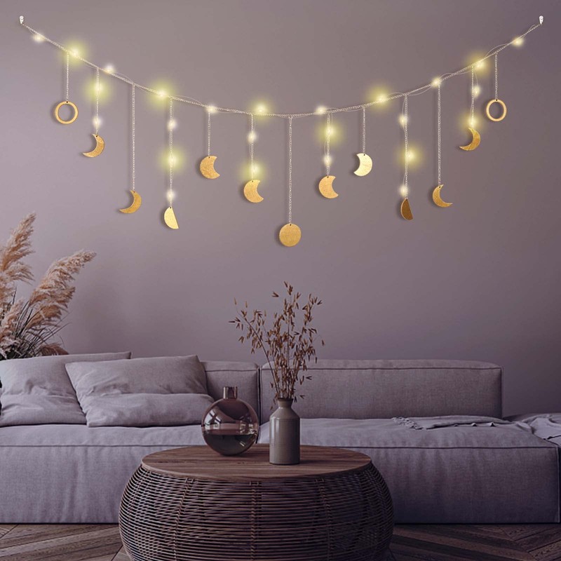 Moon Phase Wall Decor with LED String Light, 13 Gold