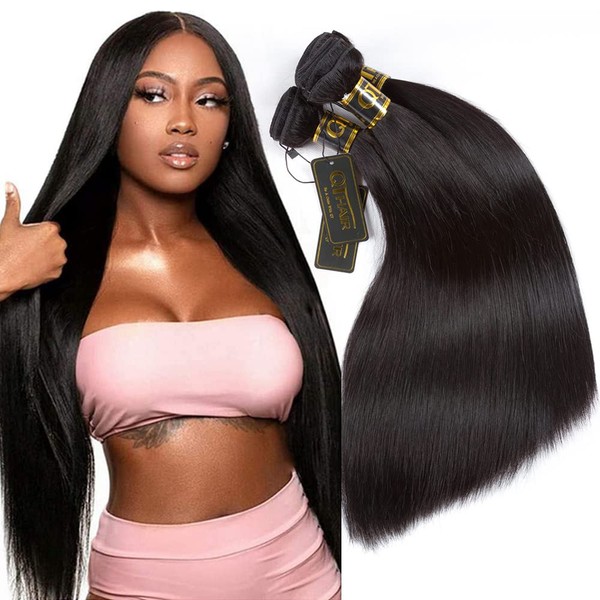 QTHAIR 12A Grade Brazilian Straight Human Hair(8" 10" 10",300g,Natural Black) 100% Unprocessed Brazilian Virgin Hair for All Women