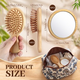 48 Pack Mini Bamboo Hair Brush and Wooden Makeup Mirror Set, Oval