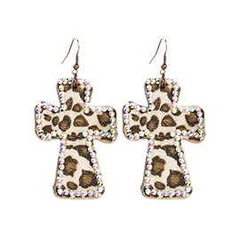 Vintage Lightweight Leather Cross Dangle Drop Earrings Crystal Rhinestone Leopard Print Statement Earrings for Women Retro Boho Jewelry-light
