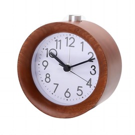Lancoon Round Wooden Alarm Clock, Analog Non Ticking Silent with Arabic Numerals Night Light Snooze Function Battery Operated Easy to Set for Desktop Bedroom Bedside (Brown)
