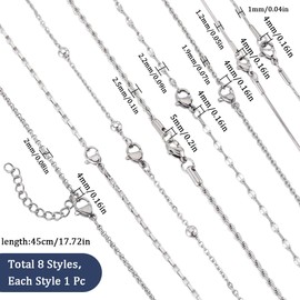 SUNNYCLUE 8 STYLES 18 Inch/ 0.45m Stainless Steel Necklace Making Chain Silver Necklace Chains Bulk Snake Chain Satellite Necklace Lobster Claw Clasps Curb Chains for Jewelry Making Supplies Women Diy