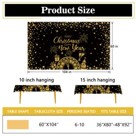 Tailus Merry Christmas Happy New Year 2025 Rectangle Tablecloth 60x104 Inch, Black Gold Clock Decorative Table Cloth Dining Table Cover, Winter Firework Celebration Dinner Party Picnic Decoration