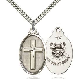 Bonyak Jewelry Sterling Silver Cross/Coast Guard Pendant 1 1/4 x 5/8 inches with Heavy Curb Chain