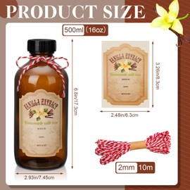 Uiifan 12 Pack Amber Glass Bottle Boston Round Bottles with Caps Brown Vanilla Extract Bottles and 12 Pcs Vanilla Extract Stickers for Syrup Gift Glass Food Storage Canister Set Sauce Beans (16 oz)