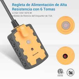 DEWENWILS - Tira de alimentación de taller, tira de 6 salidas con cable de extensión de 15 pies, calibre 14/3C resistente, cable de alimentación SJTW para interiores y exteriores, interruptor de