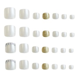 White Press on Toenails Short Square Fake Toe Nails Bling Glitter Glue on Toe Nails Press on with Rhinestone Full Cover Acrylic False Toenails Luxurious Shiny Artificial Toenails for Women Girls 24Pcs