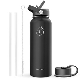 BUZIO Insulated Water Bottle with Straw, Stainless Steel Water Bottle with Straw 1180 ml Vacuum Cold for 48 Hrs, Hot for 24 Hrs Double Wall Wide Mouth BPA Free Leak Proof, Black
