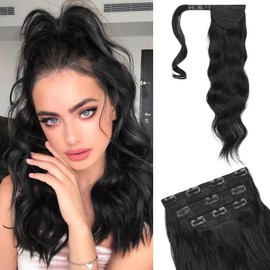 Flufymooz 4PCS Half Up Half Down Ponytail Extension Set, Fake Ponytail Soft Synthetic Hairpiece for Women, Long Thick Clip in Hair Extensions Wavy Fuller High Wrap Around (Natural Black 22In)