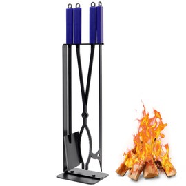 CKLT Fireplace Tools Set Indoor, 28" Fire Poker Fire Tongs and Shovel, Wrought Iron Firewood Tongs with Metal Stand and Rubber Handle Log Grabber for Fire Pit Ash Shovel for Campfire Backyard Bonfire