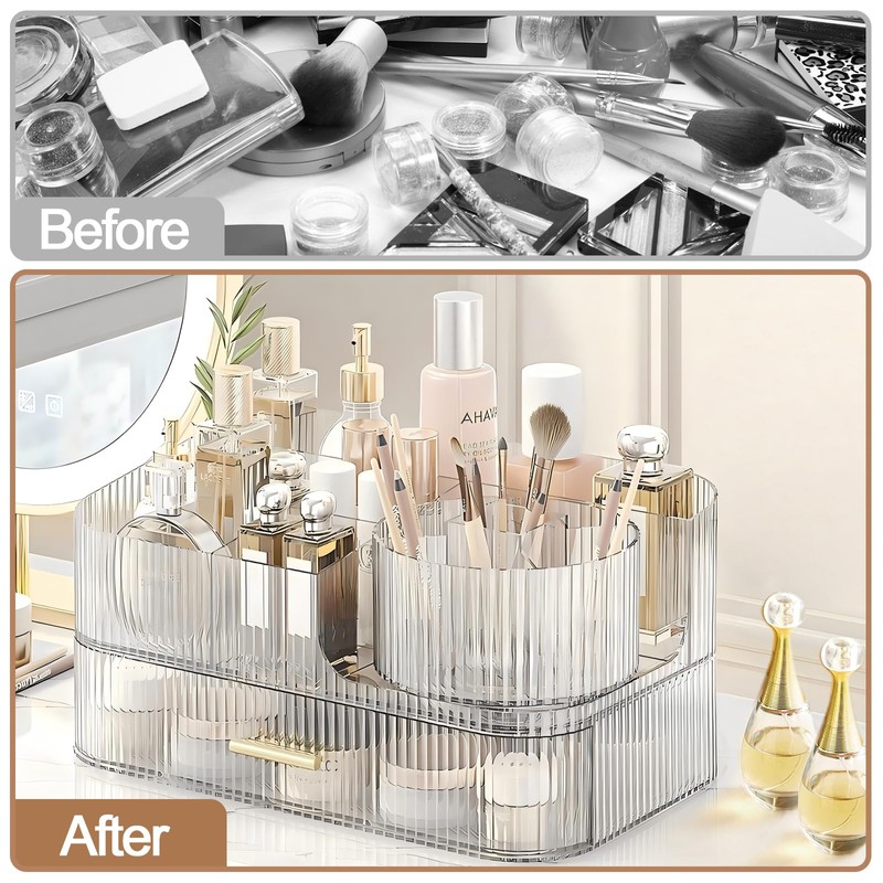 DASITON Makeup Organizer with Drawers and Rotating Makeup Brush Holder,Large