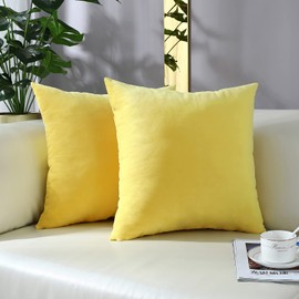 mixeoo Comfy Lemon Yellow Throw Pillow Covers Decorative Square Solid Thick Velvet Super Soft Cushion Cases Home Decor for Sofa Couch Living Room Chair, Set of 2, 16 x 16 Inch