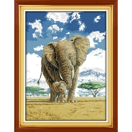YEESAM ART Cross Stitch Kits, Elephants Snow Mountain 14CT Counted Easy Embroidery Set White Canvas DMC Fabric DIY Handmade Needlework kit (14ct Unprinted)
