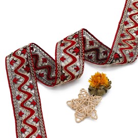 CABODYALS 10 Yards 2 Inch Red Gold Beaded Lace Trim Embroidery Lace Ribbon Glitter Sequin Metallic Vintage Sequins Edging Ribbons for Sewing Making Craft Gift Wrapping Wedding Christmas Decor Supply