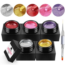 EBANKU Silver Metal Glitter Gel Nail Polish, 5 Colors Painted Liner Gel Polish with Nail Brush, Gold Silver Pink Red Glitter Nail Polish Sparkling Soak Off for Nail Design