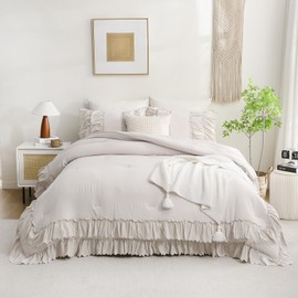 Herside Beige Ruffle Comforter King Size,Shabby Chic Boho Bedding Set,2 Layers Ruffles Fluffy Vintage Comforter Home Decor,Farmhouse 3 Pcs Microfiber Lightweight Quilt Set for Women Girls