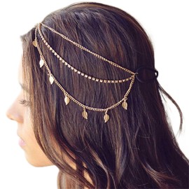 Wendalern Crystal Bridal Head Chain Boho Gold Leaf Wedding Headband Layered Crystal Chain Headpieces Vintage Multilayer Tassel Head Band Gypsy Costume Hair Accessories for Women Girls