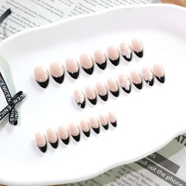 French Tip Press on Nails Short Almond Fake Nails Flower False Nails with 3D Floral Design Glue on Nails Pink White Acrylic Nails Full Cover Stick on Nails Artificial Nails for Women Manicure 24PCS