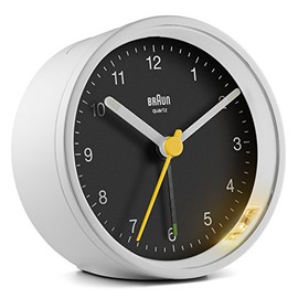 Braun BC12WB Classic Analogue Alarm Clock with Snooze Function and Light, Quiet Quartz Crescendo Alarm in White and Black