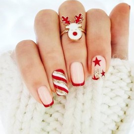 Christmas Press on Nails French Tip Fake Nails Short Square False Nails Red Acrylic Nails Star Glitter Stripe Artificial Nails Cute Stick on Nails Xmas Glossy Glue on Nails French Nails for Women