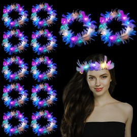 Joycabin Pack of 12 LED Feather Wreath Headband, Hair Wreath Feather, LED Flower Wreath, Luminous Hair Wreaths, Luminous Headband, LED Headband, Luminous Headpiece for Festivals, Weddings, Party