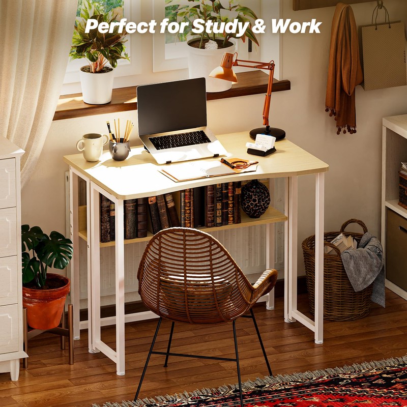 Huuger Folding Desk with Storage Shelf, 31.5 Inch Foldable Computer