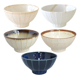 Set of 5 Japanese Ceramic Striped Ichichin Rice Bowls, Deep Soup & Eating Bowls with Distinctive Three-Dimensional Lines,Convenient, Stackable, for Cooking Prep & Serving (White)