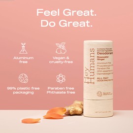 Hey Humans Deodorant, Aluminum Free Deodorant for Women and Men, Contains Naturally Derived Ingredients, All Day Odor Control, Refreshing Essential Oils, Earth Friendly Package, Rosewater Ginger