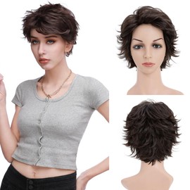S-noilite Short Brown Wavy Curly Hair Wig, Natural Short Layered Fluffy Pixie Cut Wigs for Women Synthetic Hair Full Wigs for Halloween Cosplay Costume Party Daily Use Dark Brown