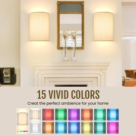 PRTILOUD Battery Operated Wall Sconces Set of 2, 5000mAh Rechargeable RGB Wall Lamp with Remote, 3 Colors 10 Levels Brightness Wireless Sconces Wall Decor Set of 2 with Timer for Bedroom Living Room…