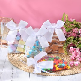 PerKoop 50 Pcs White Bow Organza Bags, 5"x7" Mesh Drawstring Bags Small Jewelry Pouches Bow Coquette Party Favor Candy Goodie Gift Tulle Sachet for Wedding Baby Shower