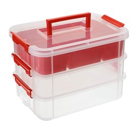 JUXYES 3-Tiers Stack Carry Storage Box With Divided Tray, Transparent Stackable Storage Bin With Handle Lid Latching Storage Container for School & Office Supplies (Red)