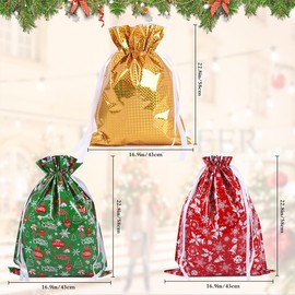 43 * 58cm Large Size Xmas Drawstring Present Wrapping Bag, 3pcs Christmas Gift Wrapping Bag with String for Christmas Party
