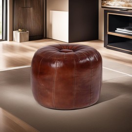 Round Shaped Buffalo Leather Handmade Eco-Friendly Brown Pouf -Round Pouf, 16"x16" x16", Plain Solid Pouf, Buffalo Leather Pouf, Recycled Foam with Fibre Fill Stuffed Pouf, Seating Pouf PF41
