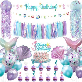 Decoración de fiesta de cumpleaños de sirena, suministros de pancarta, guirnalda de burbujas, guirnalda de burbujas para colgar, linternas de papel de gelatina, globos, decoración de pastel de sirena de feliz cumpleaños para