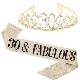 30th Birthday Sash, Gold Happy Birthday Girl Sash and Crown Set, Thirty Years Old Decorations Gifts for Birthday Supplies