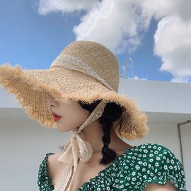 Straw Hat, Women's, Sun Protection Hat, Sun Visor, Ribbon Chin Strap, Wide Brim Hat, Small Face Effect, Wide Brim, Foldable, UV Protection, Straw Hat, For Travel, Outdoors, Work, School, 22.0 - 22.8