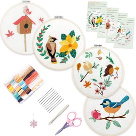Bonroy 4 Sets Embroidery Kit for Beginners,Embroidery Kit for Art Craft Handy Sewing Include Embroidery Clothes with Pattern,Embroidery Hoops, Instructions,Color Threads Needle Kit (Multi 6)