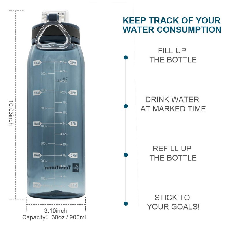 Teentumn Time Marker Water Bottle Gym, 30oz Large Durable Transparent