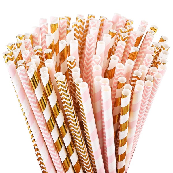 ALINK Biodegradable Paper Straws, 100 Pink Straws/Gold Straws for Party Supplies, Birthday, Wedding, Bridal/Baby Shower, Christmas Decorations and Holiday Celebrations