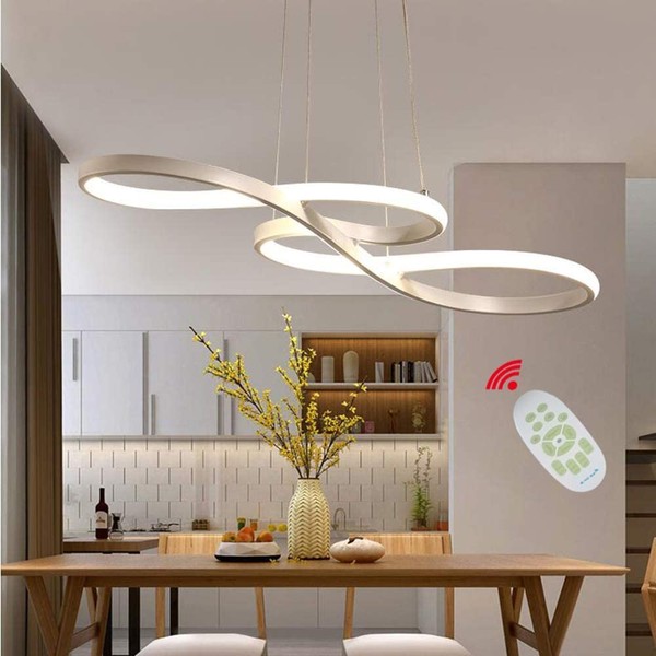 Modern Pendant Lighting White LED Pendant Light for Contemporary Living Dining Room Kitchen Island Dimmable Chandelier Dimming Ceiling Lamp Minimalist Wave Hanging Light Fixture with Remote (White)
