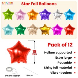 KatchOn, Huge, Multicolor Star Balloons - 18 Inch, Pack of 12 | Large Foil Star Balloons for Birthday Party Decorations | Rainbow Party Balloons, Baby Shower, Kids Party Decorations and Event Backdrop