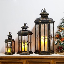 JHY DESIGN Set of 3 Decorative Candle Lanterns 20''&14"&10" H Outdoor Candle Lanterns Vintage Metal Cand leholder for Indoor Outdoor, Events, Parities and Weddings(Black with Gold Brush)