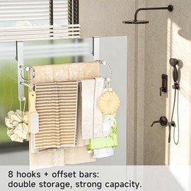 Frameless Glass Door Shower Towel Rack, Double Bar, 8 Hooks, Silver Steel | Drill-free Bathroom Towel Rack with Silent Scratch-free Pads, Ample Storage, Heavy Duty, Waterproof, Rustproof & Easy Setup