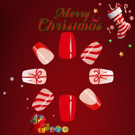 24Pcs Christmas Press on Nails Medium Square Reusable Red Stripe Bow Fake Nails Glue on Nails French Tip Acrylic Nails with Glitter Full Cover Solid Color False Nails for Women Girls Nail Decoration