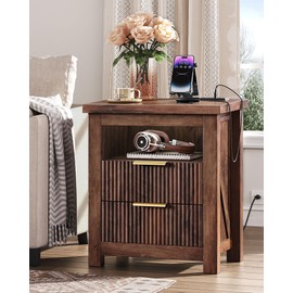 CHOEZON Fluted Nightstand, End Table with Charging Station and 2 Drawers, Farmhouse Nightstands with Fluted Panel, Engineered Wood Side Table for Bedroom Walnut MBZ06UHT