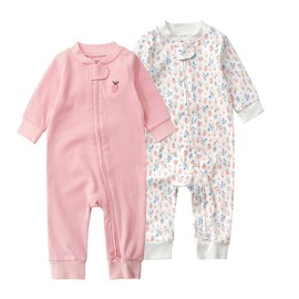 Teach Leanbh Baby 2-Pack 100% Cotton Romper Jumpsuits Two Way Zipper Long Sleeve Footless Sleep and Play (Pink Floral, 12-18 Months)