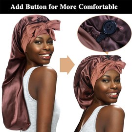 3 capó largo de satén para trenzas, capó grande y sedoso con corbata para mujeres durmiendo el cabello rizado, B - negro, verde azulado, café, Talla única