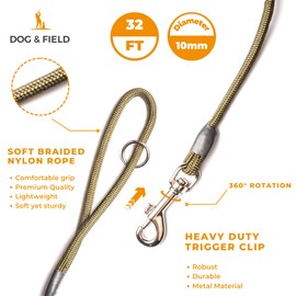 Dog & Field 2-In-1 Training Lead For Dogs - 10 Metre Long Line Dog Lead With Super Soft Braided Nylon Rope & Heavy Duty Trigger Clip. Extra Long Dog Training Lead For Recall & Gundog Training (10m)
