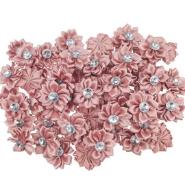 60 PCS Satin Ribbon Flowers BowsSmall Flowers for Crafts Mini Fabric Flowers Daisy Flowers with Rhinestones Satin Ribbon Bows for Ornament Appliques DIY Wedding (Pink)